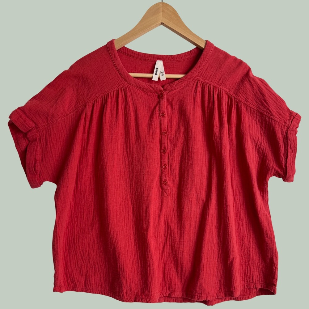 Pact Organic Cotton Double Gauze Henley Top Red Short Sleeve XL 100% cotton